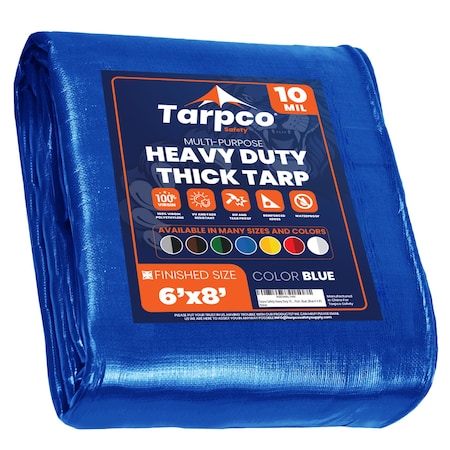 Tarpco Safety Heavy Duty Tarp, 8 ft L x 0.5 mm H x 6 ft W, 10 Mil, Blue, Polyethylene TS-155-6X8